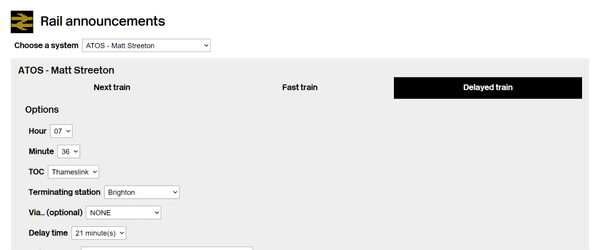 Screenshot of Railway Announcements Generator in use
